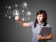 Businesswoman pressing modern social type of icons