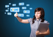 Businesswoman pressing modern social type of icons