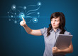 Businesswoman pressing modern social type of icons