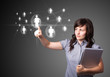 Foto: Businesswoman pressing modern social type of icons Businesswoman pressing modern social type of icons