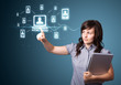 Businesswoman pressing modern social type of icons