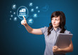 Businesswoman pressing virtual promotion and shipping type of ic