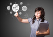 Foto: Businesswoman pressing modern business type of buttons Businesswoman pressing modern business type of buttons
