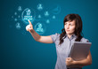 Businesswoman pressing virtual promotion and shipping type of ic