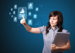 Businesswoman pressing virtual promotion and shipping type of ic