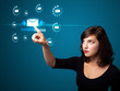 Businesswoman pressing virtual messaging type of icons Businesswoman pressing virtual messaging type of icons