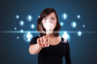 Businesswoman pressing modern social type of icons Businesswoman pressing modern social type of icons