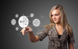 Businesswoman pressing modern business type of buttons Businesswoman pressing modern business type of buttons