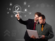 Businessman pressing virtual promotion and shipping type of icon