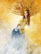 Foto: Floral autumn woman with winter mask. Change of seasons. Floral autumn woman with winter mask. Change of seasons.