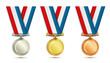 Set of gold, silver and bronze medals with ribbon