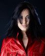 woman in red leather jacket