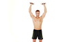 Muscular man exercising with dumbbells on white background