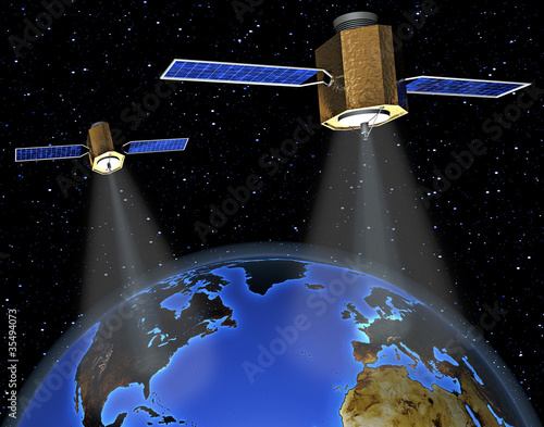 Illustration: two satellites flying around earth, symbol of gps two satellites flying around earth, symbol of gps