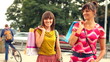 Female friends with shopping bags in the city, steadycam shot Female friends with shopping bags in the city, steadycam shot