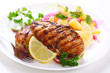 Photo: Grilled chicken breast on white plate Grilled chicken breast on white plate