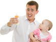 A young father with a baby on a white background.