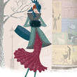 Vintage christmas card with elegantly dressed woman