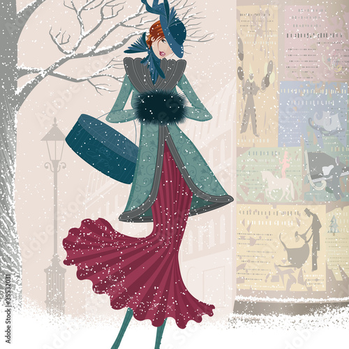Vector: Vintage christmas card with elegantly dressed woman Vintage christmas card with elegantly dressed woman