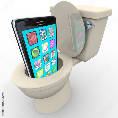 Illustration: Smart Phone in Toilet Frustrated Old Model Obsolete Smart Phone in Toilet Frustrated Old Model Obsolete