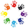 Prints of hands from ink colorful splash