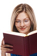 young woman glasses read book