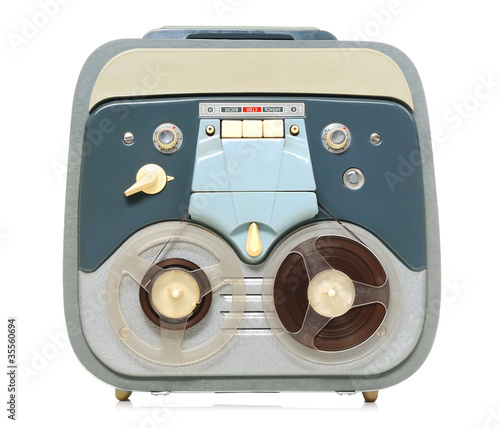 Photo: vintage analog recorder reel to reel on white background vintage analog recorder reel to reel on white background