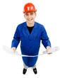Laughing engineer holding project plans
