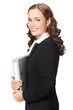 Businesswoman with grey folder, isolated Businesswoman with grey folder, isolated