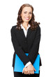 Businesswoman with blue folder, isolated Businesswoman with blue folder, isolated