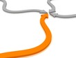 curving gray and orange arrows pointing to a center point