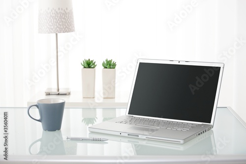 Foto: Computer, coffee mug, lamp and plants Computer, coffee mug, lamp and plants