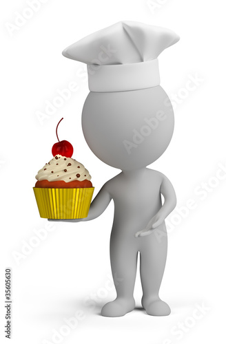 Illustration: 3d small people - confectioner with cupcake 3d small people - confectioner with cupcake