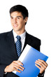 Portrait of businessman with blue folder, isolated Portrait of businessman with blue folder, isolated