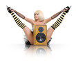 Sexy young girl in headphones with speaker Sexy young girl in headphones with speaker