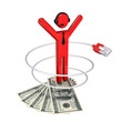 3d small person with a patchcord and dollars. 3d small person with a patchcord and dollars.