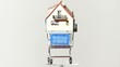 House model placed on shopping cart turning around on platform