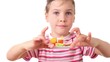Girl holding tray with hands with copy of fast food meal