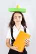 schoolgirl, an apple and books