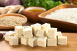 Photo: Raw tofu cut in dices on wooden board Raw tofu cut in dices on wooden board