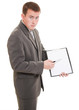 Businessman shows a blank page on a white background.
