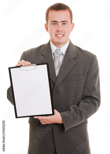 Photo: Businessman with a white board in his hands. Businessman with a white board in his hands.