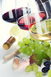 Glasses of white, red and rose wine and grapes