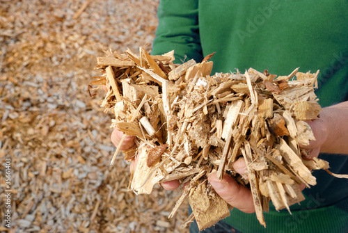 Photo: Hand mit Holz Hackschnitzel Hand mit Holz Hackschnitzel