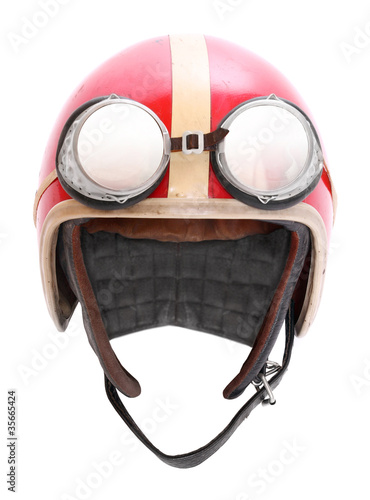 Photo: Retro helmet with goggles on a white background. Retro helmet with goggles on a white background.