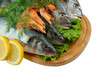 Seafood on cutting board isolated