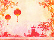 old paper with Asian Landscape and Chinese Lanterns