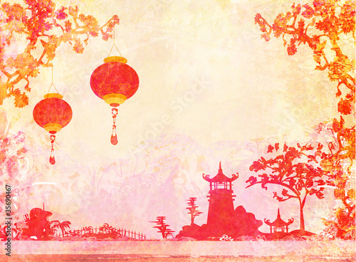 Illustration: old paper with Asian Landscape and Chinese Lanterns old paper with Asian Landscape and Chinese Lanterns