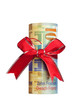 Ten Swiss francs wrapped by ribbon isolated on white