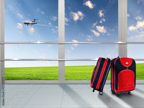 Illustration: Red suitcase and plane Red suitcase and plane
